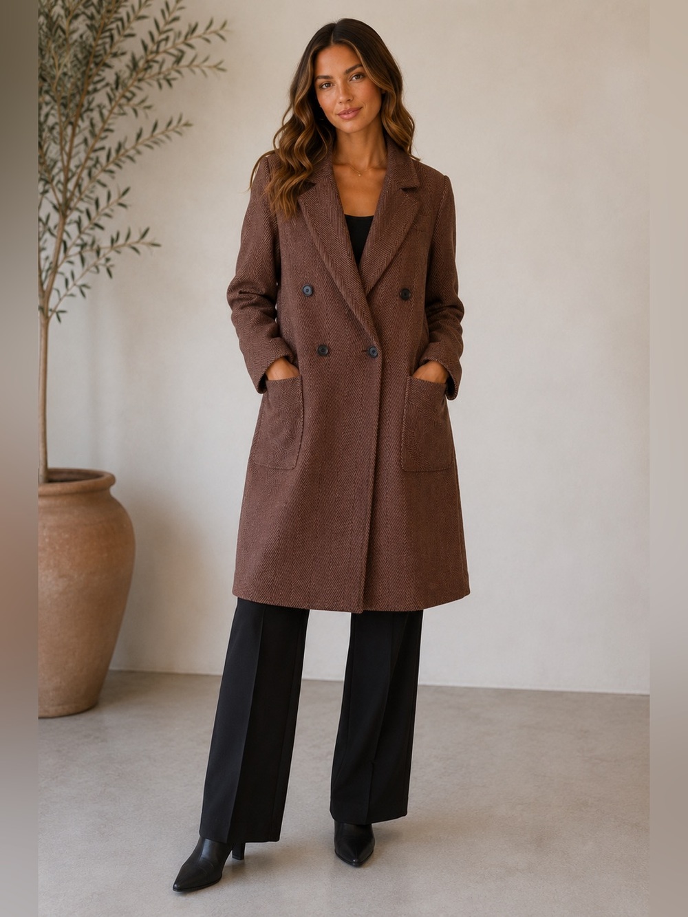 7 For All Mankind Brown Herringbone Single Button Long Pea Coat Size Large